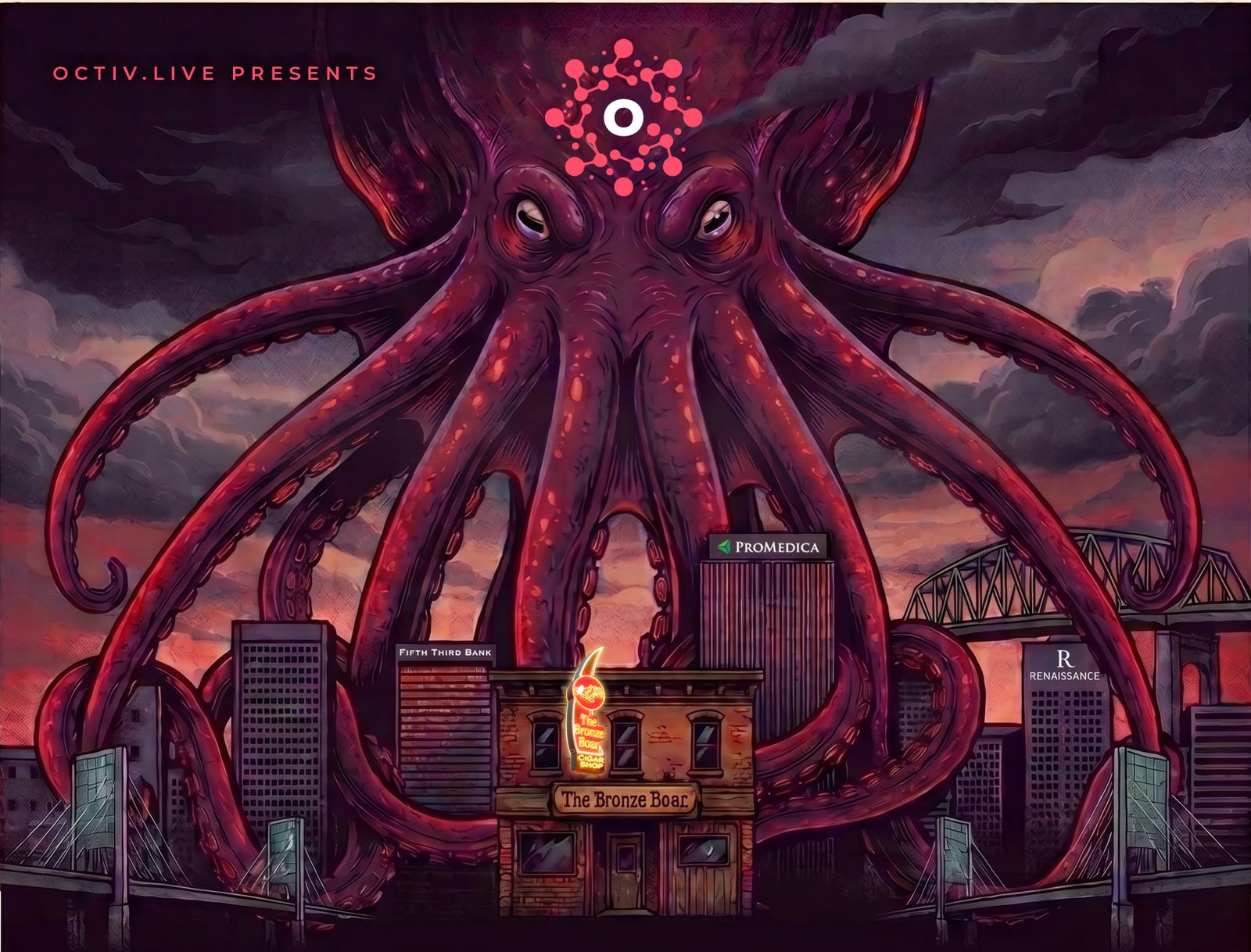 A giant kraken rising over the Toledo skyline, its tentacles wrapped around the Bronze Boar.